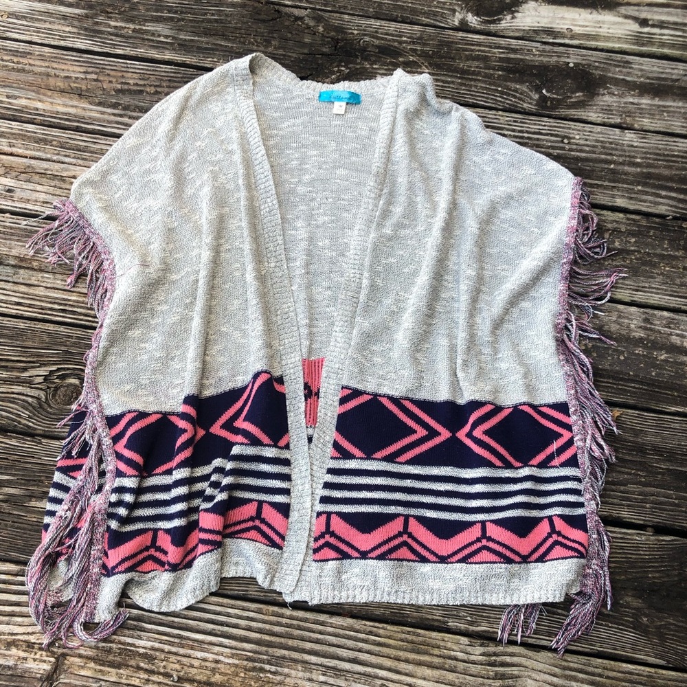 Fringed Sweater Vest in gray, coral and blue
